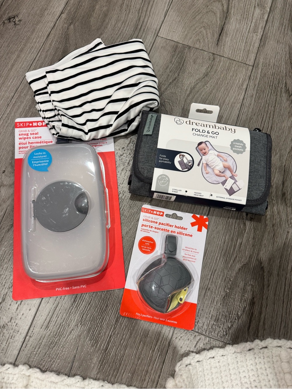 Striped Baby Car seat Cover & Grey Dreambaby Fold & Go Change Mat + Accessories